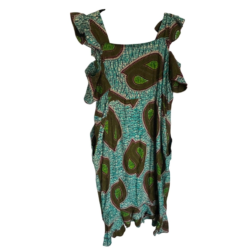 Handmade African Wax Print  Midi Dress Blue Green Batik Pocket akari